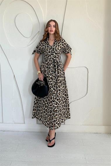 Leopar Leoparlı Desenli Kuşaklı Elbise