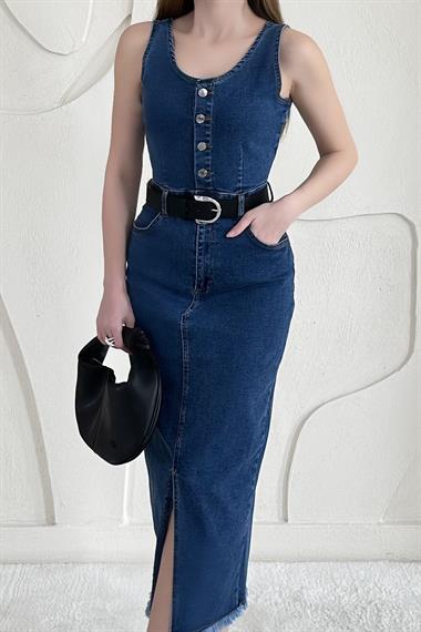 Mavi Likralı Kot Jile Elbise