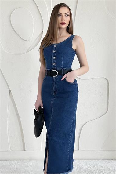 Mavi Likralı Kot Jile Elbise