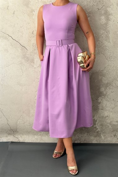 Lila Halter Yaka Kloş Elbise