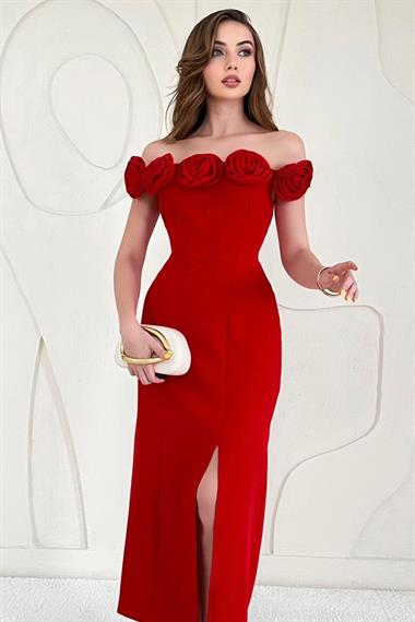 Kırmızı Madonna Yaka Güllü Elbise