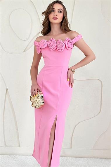 Pembe Madonna Yaka Güllü Elbise