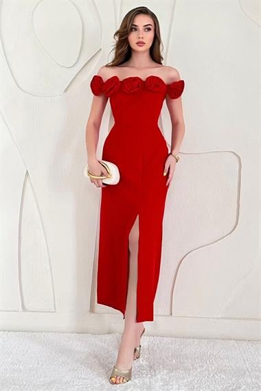 Kırmızı Madonna Yaka Güllü Elbise