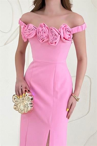 Pembe Madonna Yaka Güllü Elbise