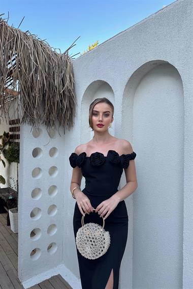 Siyah Madonna Yaka Güllü Elbise