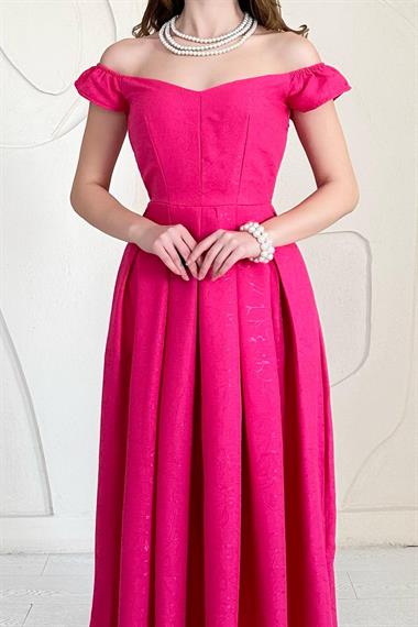 Fuşya Madonna Yaka Jakarlı Astarlı Elbise