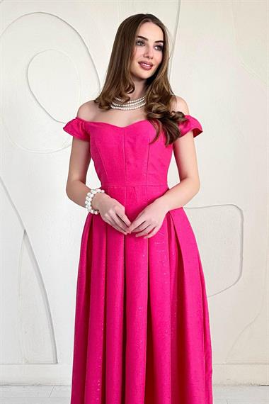 Fuşya Madonna Yaka Jakarlı Astarlı Elbise