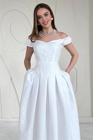 Ekru Madonna Yaka Jakarlı Astarlı Elbise