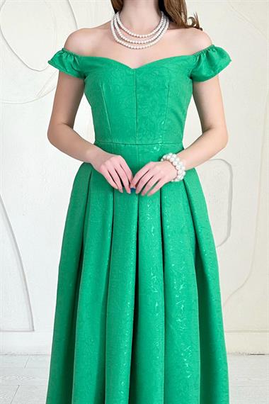 Yeşil Madonna Yaka Jakarlı Astarlı Elbise