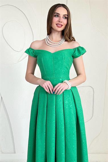 Yeşil Madonna Yaka Jakarlı Astarlı Elbise