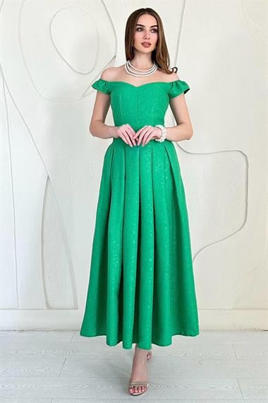 Yeşil Madonna Yaka Jakarlı Astarlı Elbise