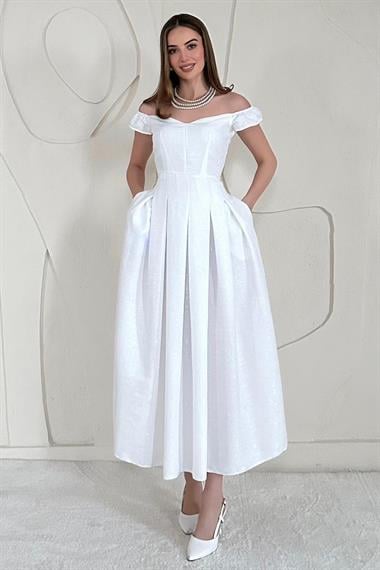 Ekru Madonna Yaka Jakarlı Astarlı Elbise