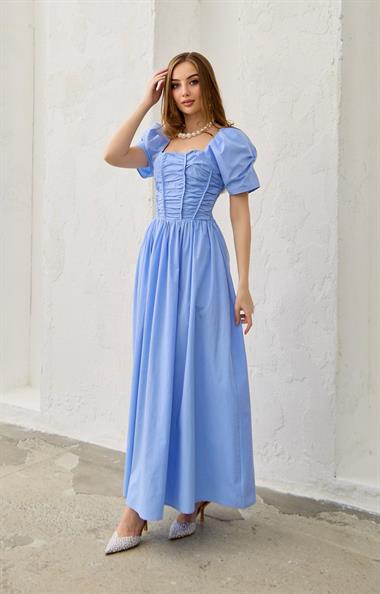 Mavi Arkası Gipe Detaylı Elbise