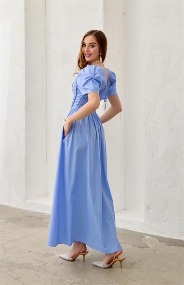 Mavi Arkası Gipe Detaylı Elbise