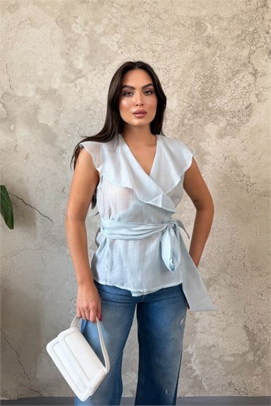 Mavi Belden Bağlamalı Bluz