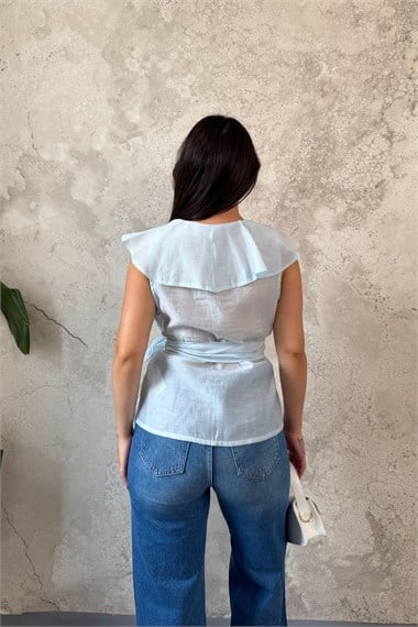 Mavi Belden Bağlamalı Bluz