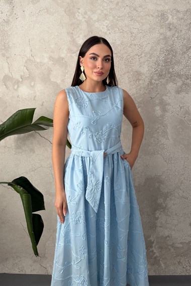 Mavi Beli Büzgülü Kuşaklı Elbise