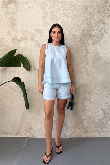 Mavi Boyamalı Dikiş Detaylı Takım