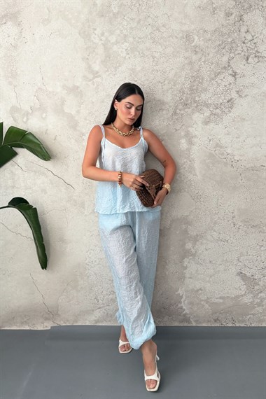 Mavi Boyundan Bağlamalı Bluz Pantolon Takım
