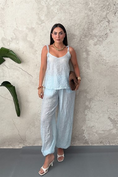 Mavi Boyundan Bağlamalı Bluz Pantolon Takım