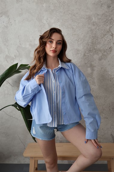 Mavi Çizgi Garnili Oversıze Gömlek