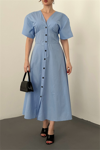 Mavi Düğmeli Midi Boy Poplin Elbise