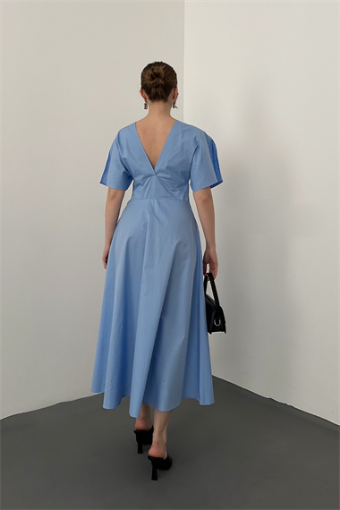 Mavi Düğmeli Midi Boy Poplin Elbise