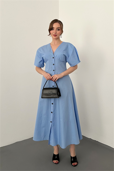 Mavi Düğmeli Midi Boy Poplin Elbise