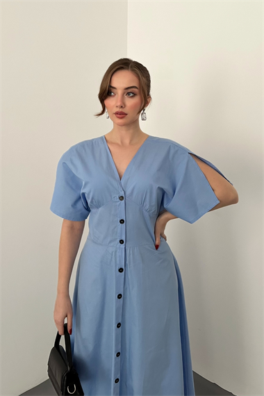 Mavi Düğmeli Midi Boy Poplin Elbise