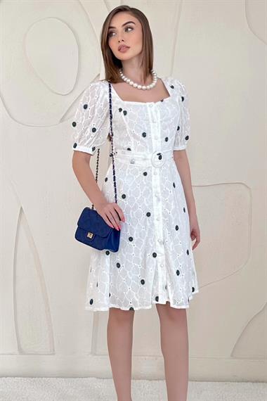 Mavi Kemerli Kare Yaka Elbise