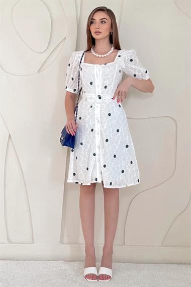 Mavi Kemerli Kare Yaka Elbise