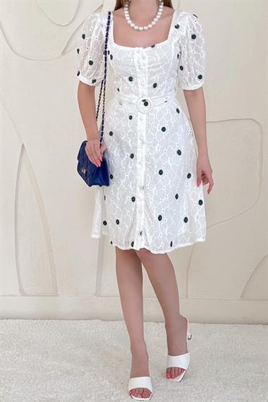 Mavi Kemerli Kare Yaka Elbise