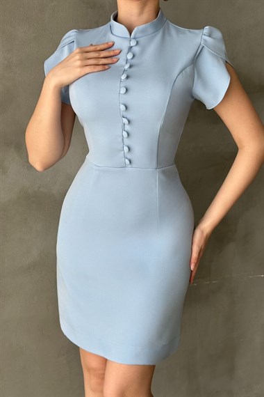 Mavi Önü Düğmeli Elbise