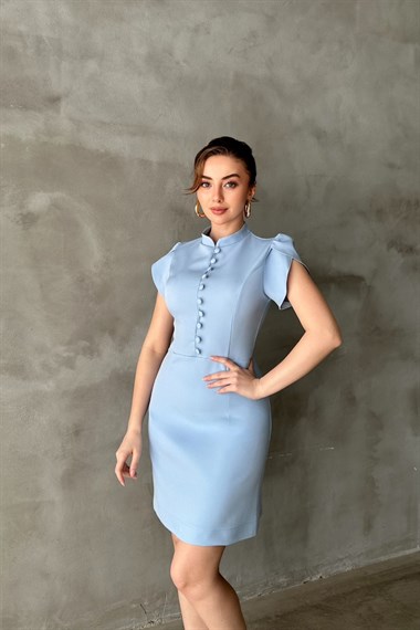 Mavi Önü Düğmeli Elbise