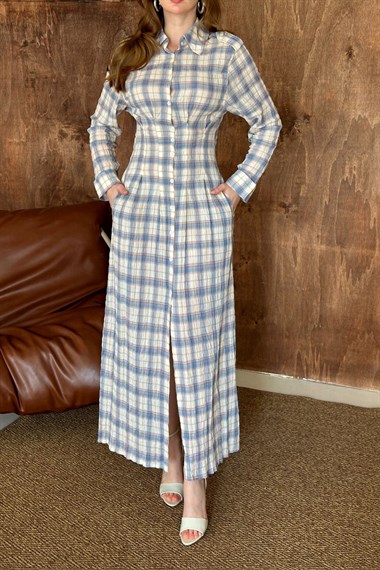 Mavi Pileli Ekoseli Elbise