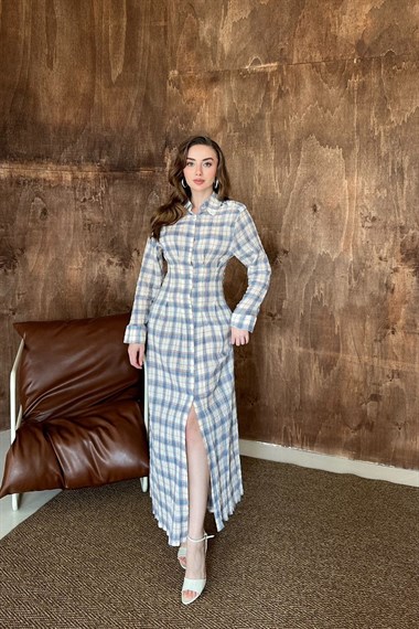 Mavi Pileli Ekoseli Elbise