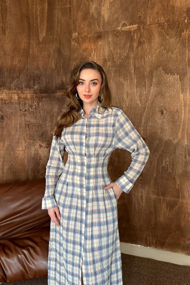 Mavi Pileli Ekoseli Elbise