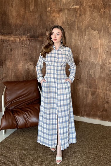 Mavi Pileli Ekoseli Elbise