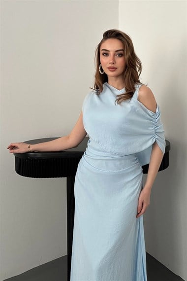 Mavi ŞAL DETAYLI ELBİSE
