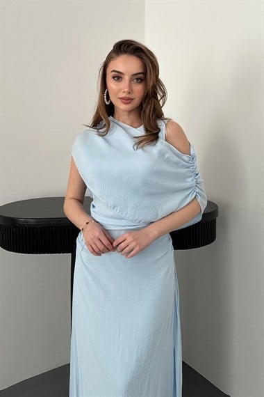 Mavi ŞAL DETAYLI ELBİSE