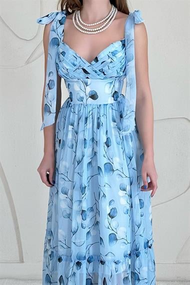 Mavi Şifon Drapeli Elbise