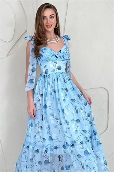 Mavi Şifon Drapeli Elbise