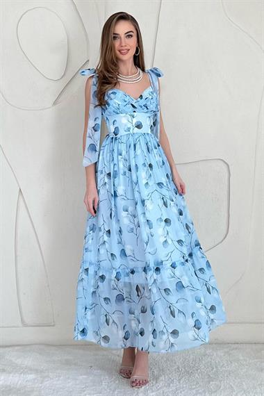 Mavi Şifon Drapeli Elbise
