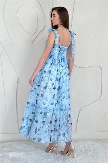 Mavi Şifon Drapeli Elbise