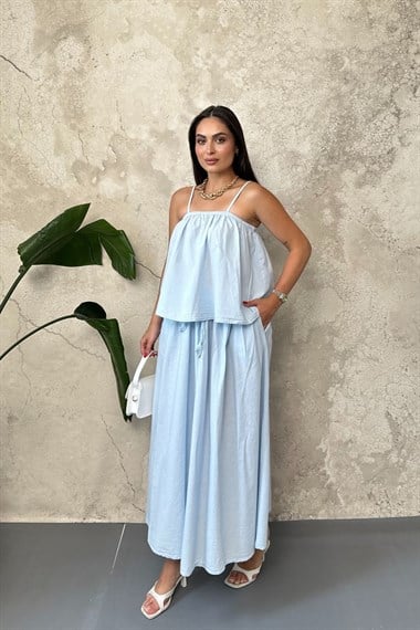Mavi Volanlı Bluz Ve Etek Takım
