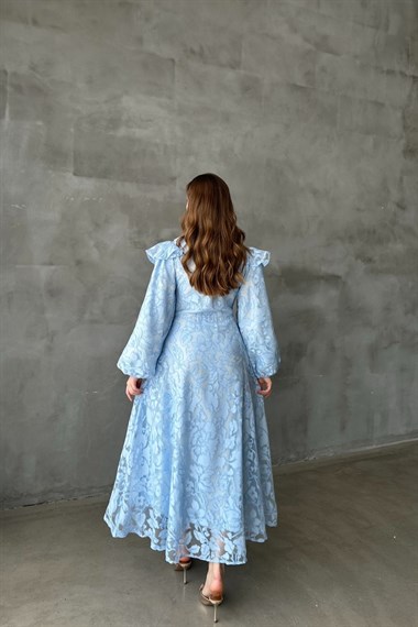 Mavi Yakası Fular Detaylı Elbise