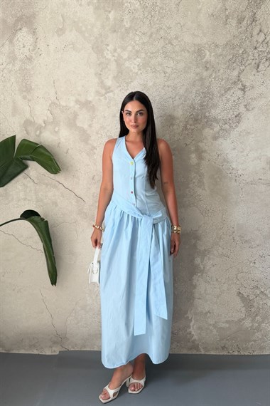 Mavi Yandan Kuşaklı Düğme Detaylı Elbise