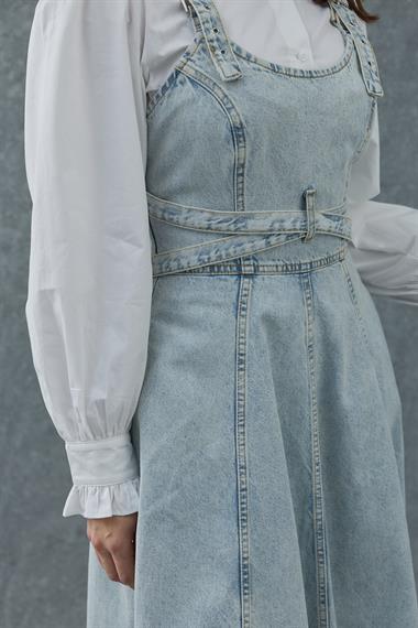 Kar Yıkama Midi Boy Bantlı Kot Elbise