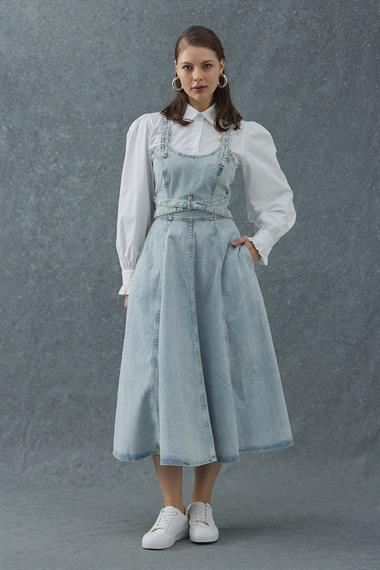 Kar Yıkama Midi Boy Bantlı Kot Elbise