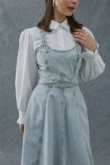 Kar Yıkama Midi Boy Bantlı Kot Elbise